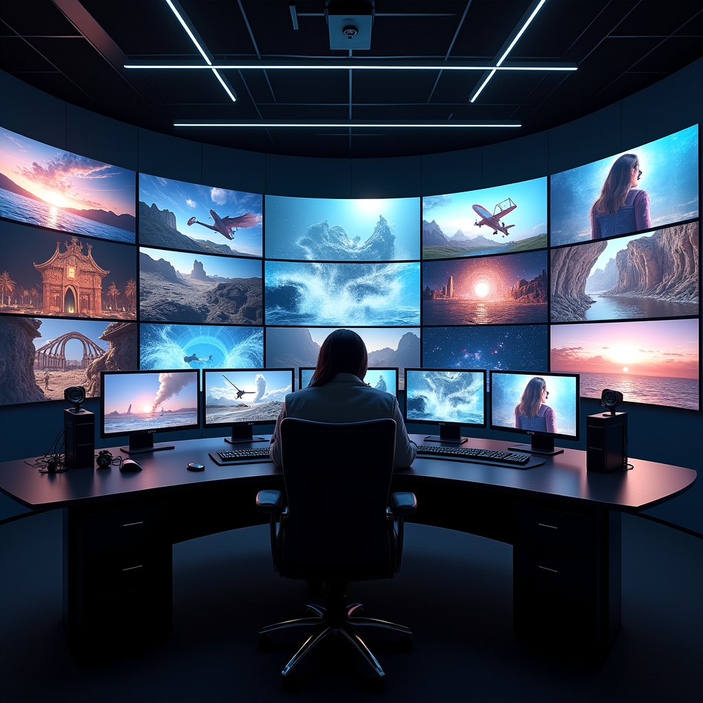futuristic control room with multiple screens displaying AI-generated videos, showcasing diverse and dynamic brand storytelling scenes, enhanced with vivid colors and immersive soundscapes, ultra realistic, high-quality, 8k resolution
