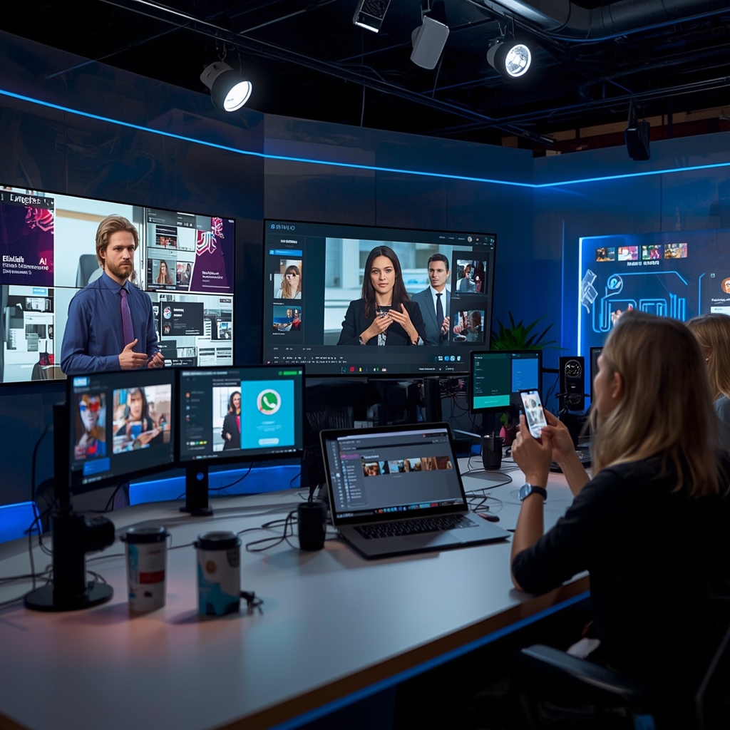 unlocking - influencer discussing various AI tools in a well-equipped digital studio, surrounded by advanced technology and s