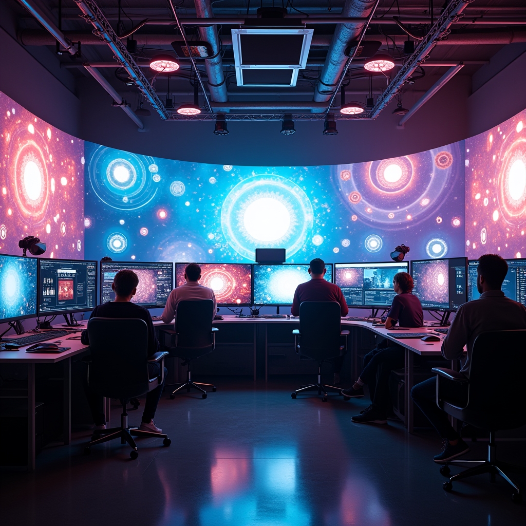 A cutting-edge video production studio filled with AI technology, screens displaying AI-generated graphics, a diverse group of creators brainstorming and collaborating, modern, high-tech, vibrant