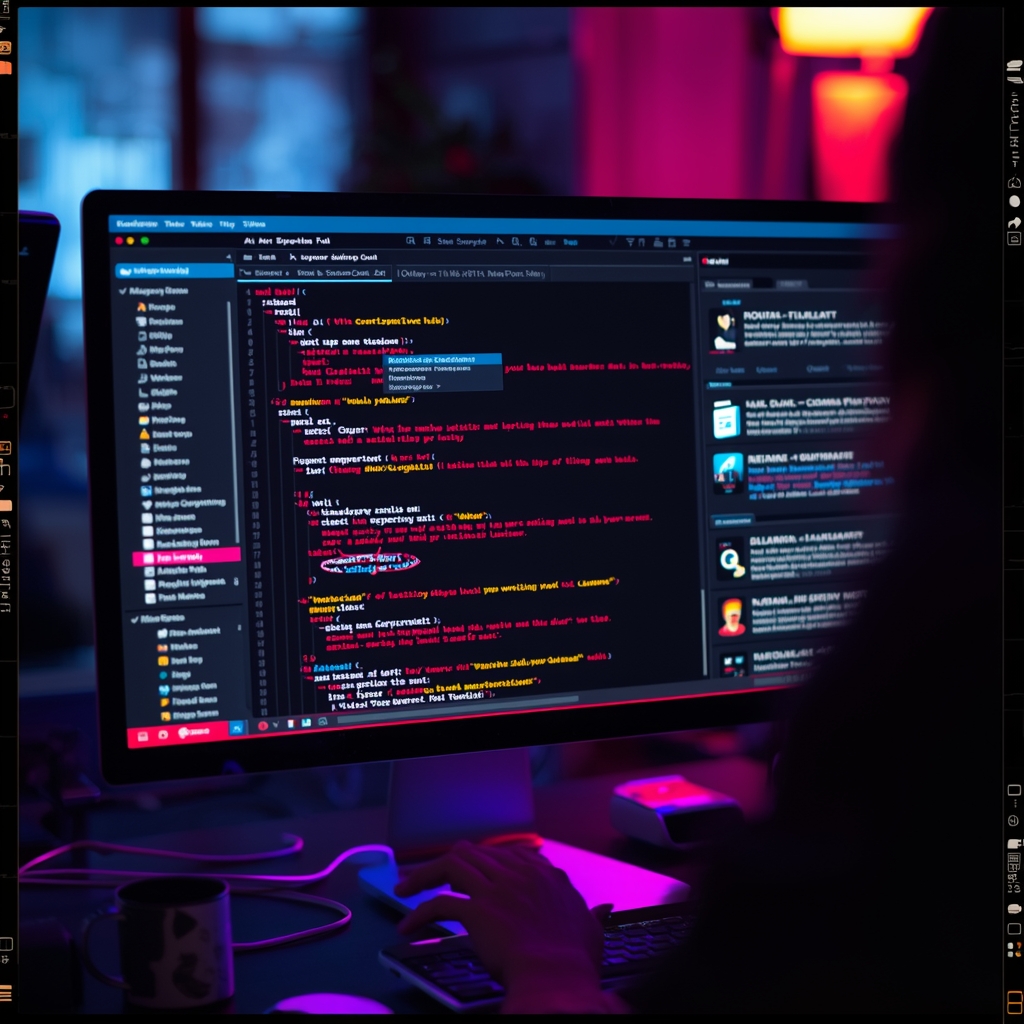 unlocking - An AI scriptwriting tool in action on a computer screen, displaying a draft script with annotations, vibrant visu