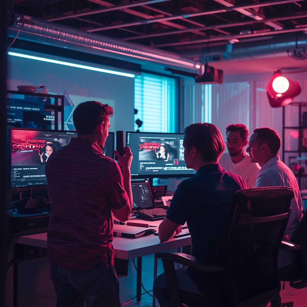 unlocking - A creative team reviewing AI-generated video content on a large monitor, discussing adjustments, in a modern offi