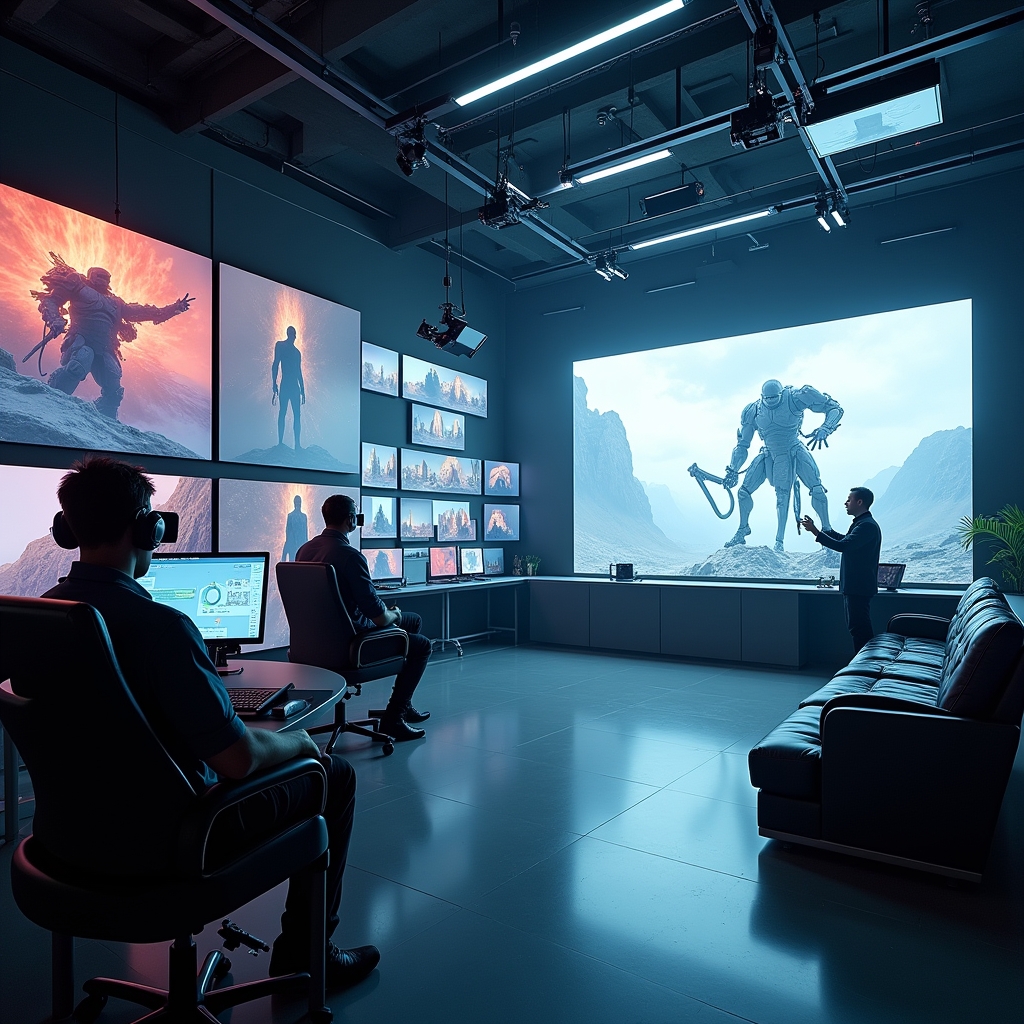 Futuristic film production studio with AI-driven cameras autonomously capturing a dramatic scene, actors performing under advanced motion capture systems, vibrant, high-tech monitors displaying real-time editing and effects, sleek, modern design