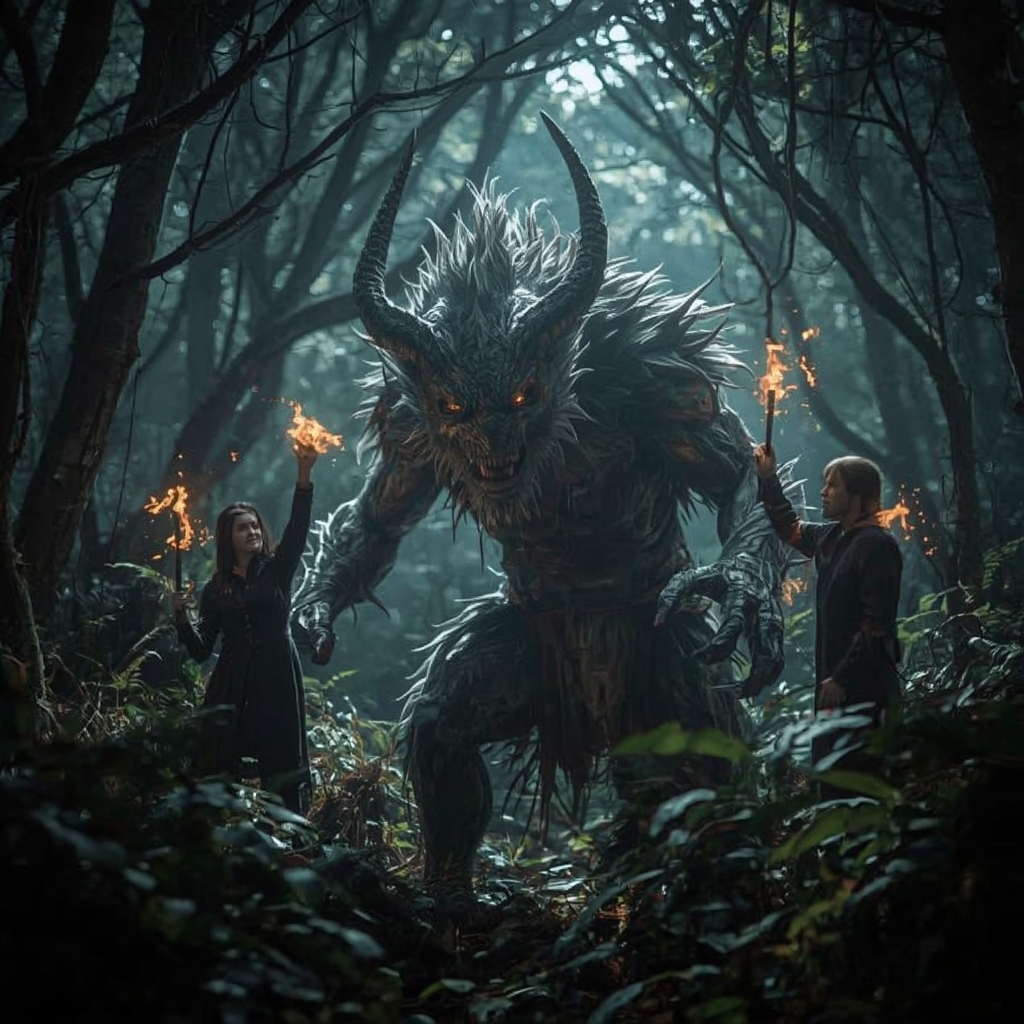 unlocking - A breathtaking scene showing an AI-generated mythical creature interacting with human actors in a dense, enchante