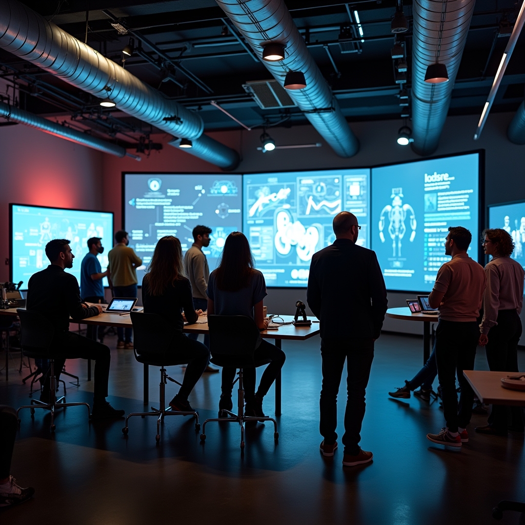 unlocking - Interactive workshop in a high-tech studio where film professionals are training with AI tools, large screens dis