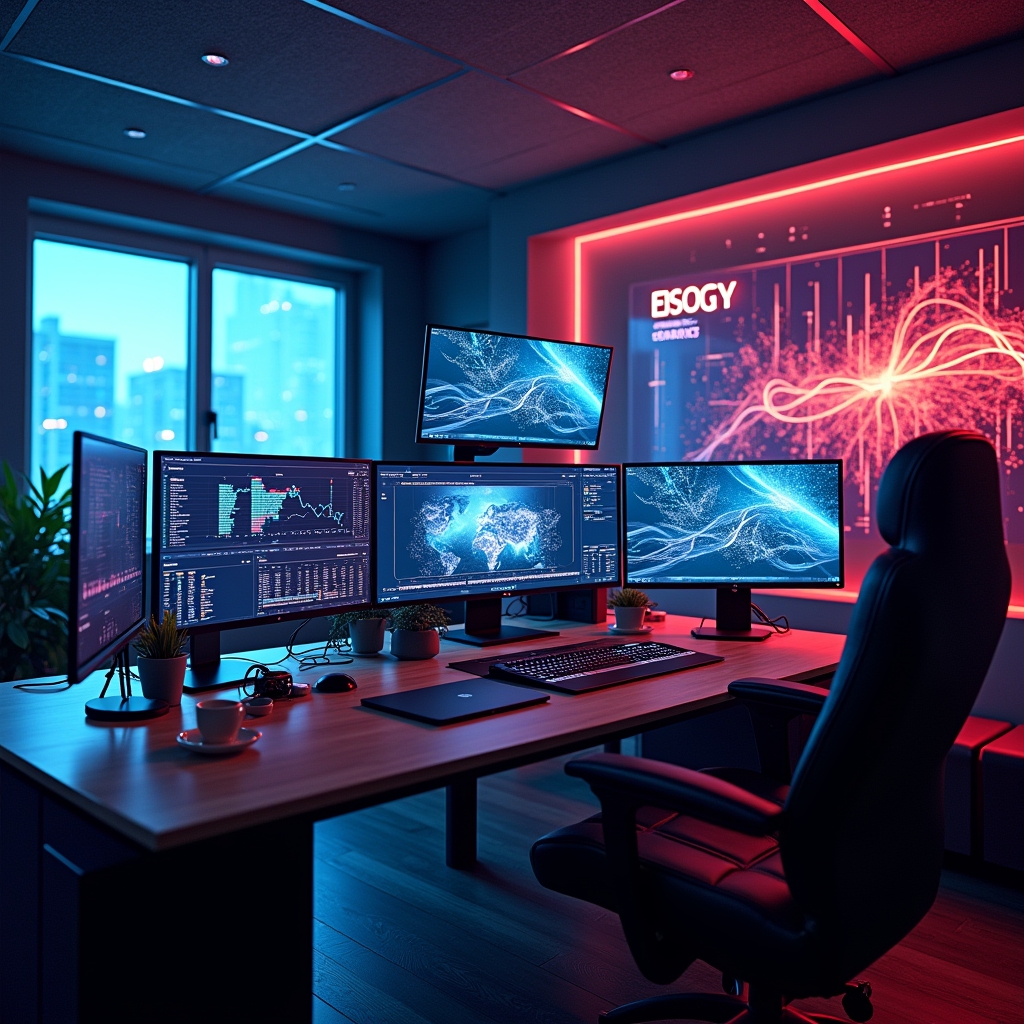 dynamic video editing suite showcasing AI tools on multiple screens with real-time data analytics, vibrant colors, modern design, high-tech environment