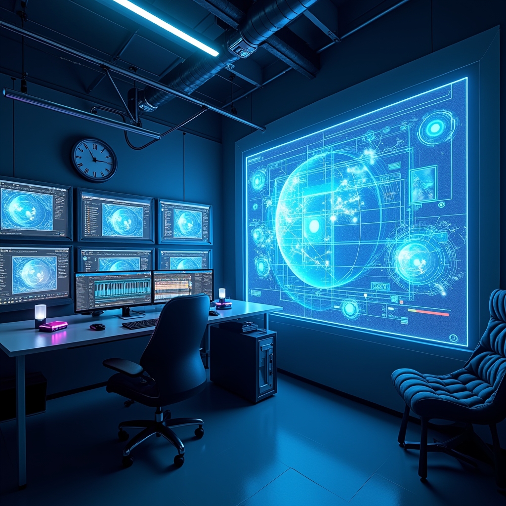 revolutionizing - futuristic content creation studio with AI-driven holographic displays, interactive 3D video editing in a h