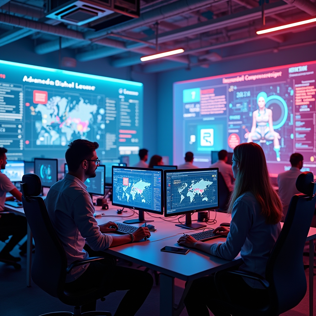 a bustling digital marketing office with team members using advanced AI tools on large screens, showcasing real-time video generation, vibrant and modern decor, emphasizing a futuristic and innovative atmosphere