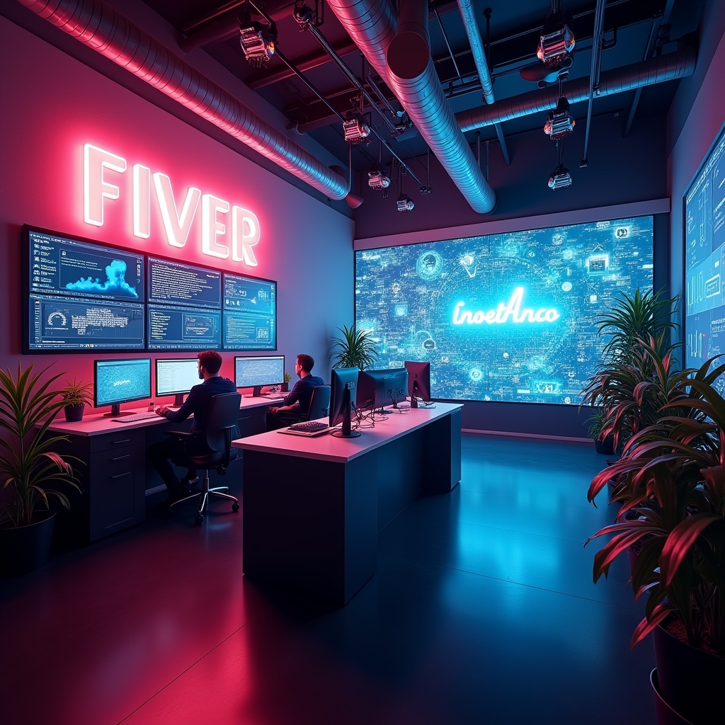A cutting-edge studio using AI video generation tools, showcasing diverse screens displaying AI algorithms at work, creating dynamic brand videos, vibrant and tech-savvy atmosphere