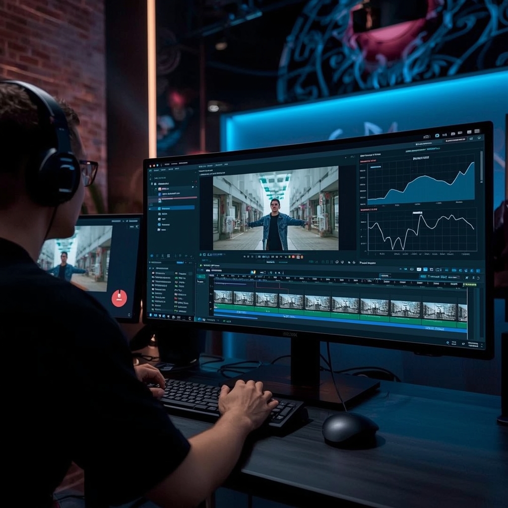 revolutionizing - An AI-powered editing suite displaying personalized video content adjustments, showing data analytics on vi