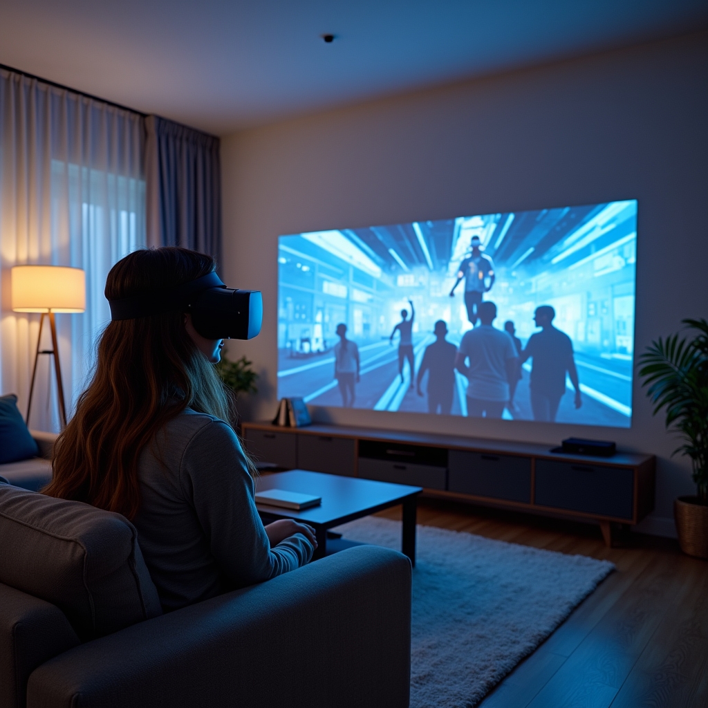 revolutionizing - Virtual reality setup in a modern living room where a user interacts with a brand's immersive storytelling