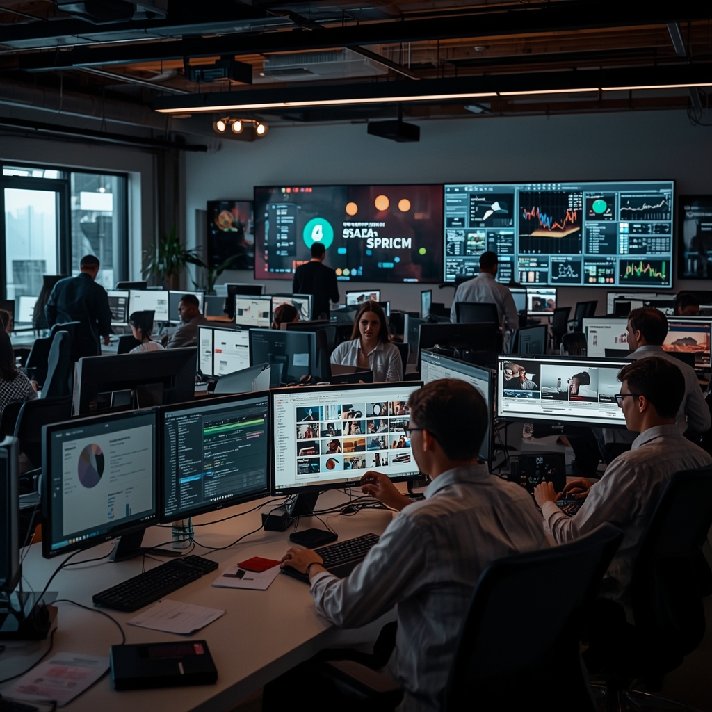 A bustling digital marketing agency with teams using sophisticated AI tools on large monitors displaying data analytics, personalized video content being edited, vibrant, busy atmosphere, modern, high-tech office environment, 8k quality