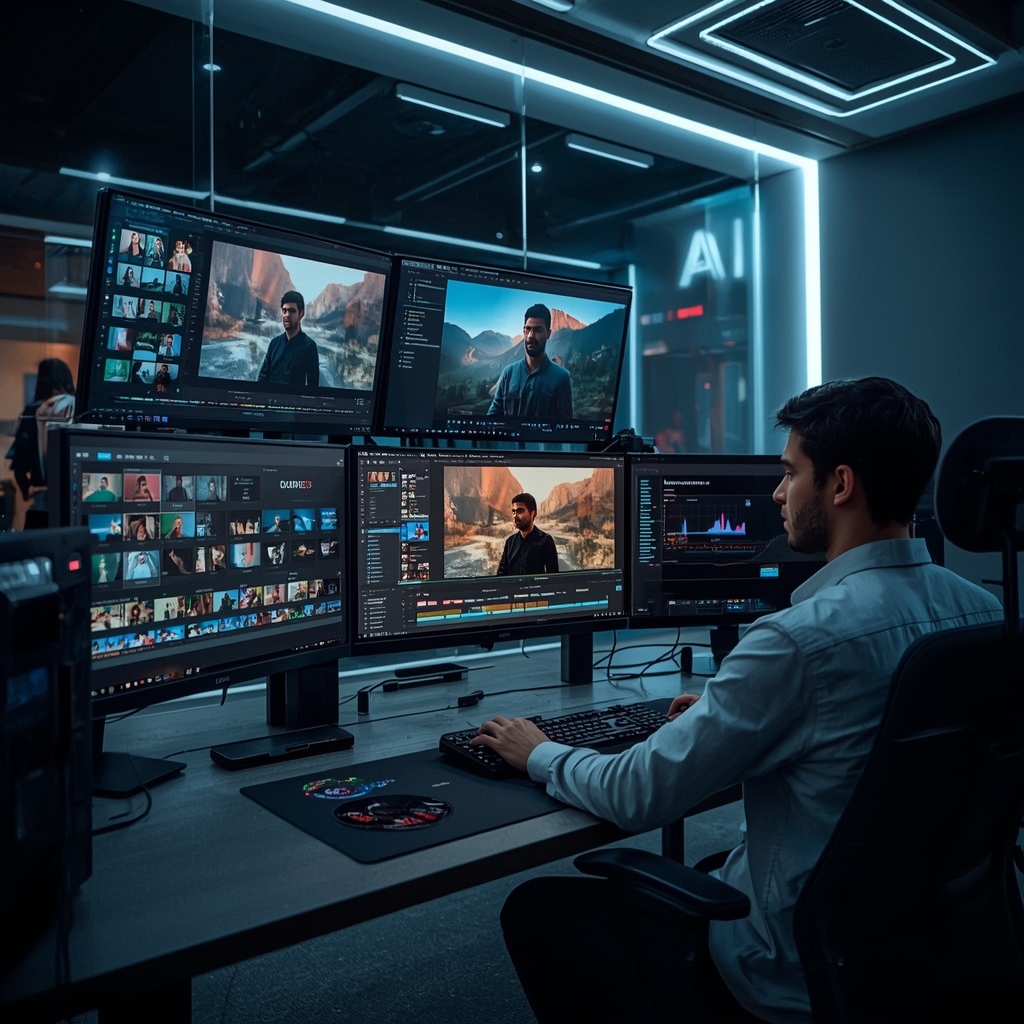revolutionizing - Futuristic AI editing suite with multiple screens displaying advanced editing software, dynamic video analy