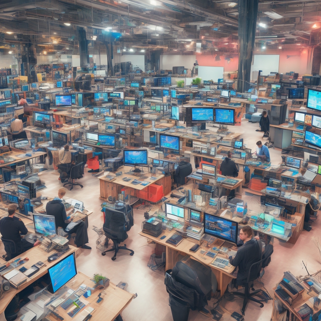 A busy creative studio with multiple screens displaying AI-generated video edits, showcasing vibrant colors and dynamic transitions, reflecting a modern, tech-savvy environment