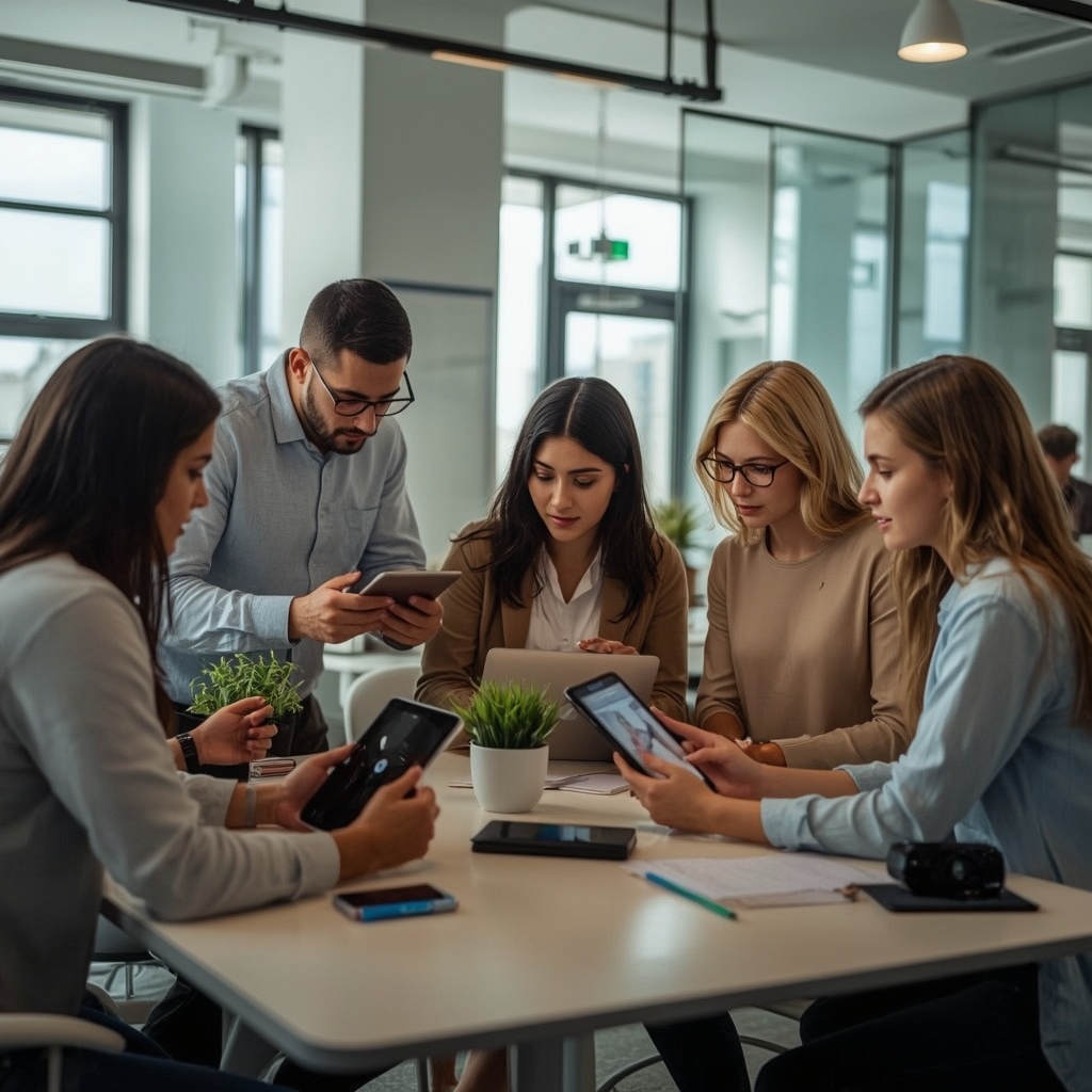 revolutionizing - Creative team brainstorming in a modern office, using AI tools on digital tablets for video personalization