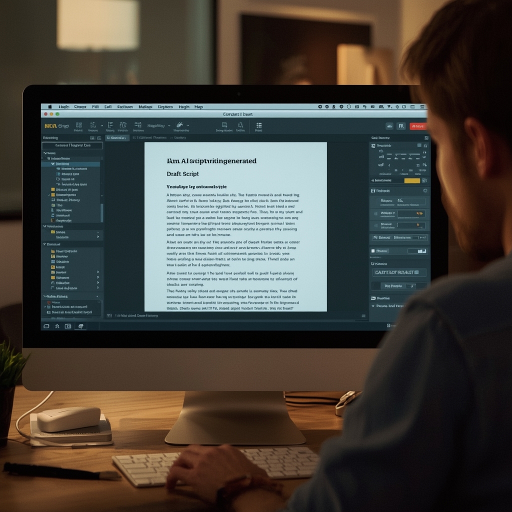 unlock - An AI scriptwriting software interface on a computer screen displaying a draft script being automatically generated,