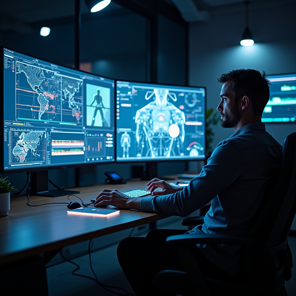 unlock - Futuristic AI video editing suite with holographic displays and intuitive controls, used by a professional editor in
