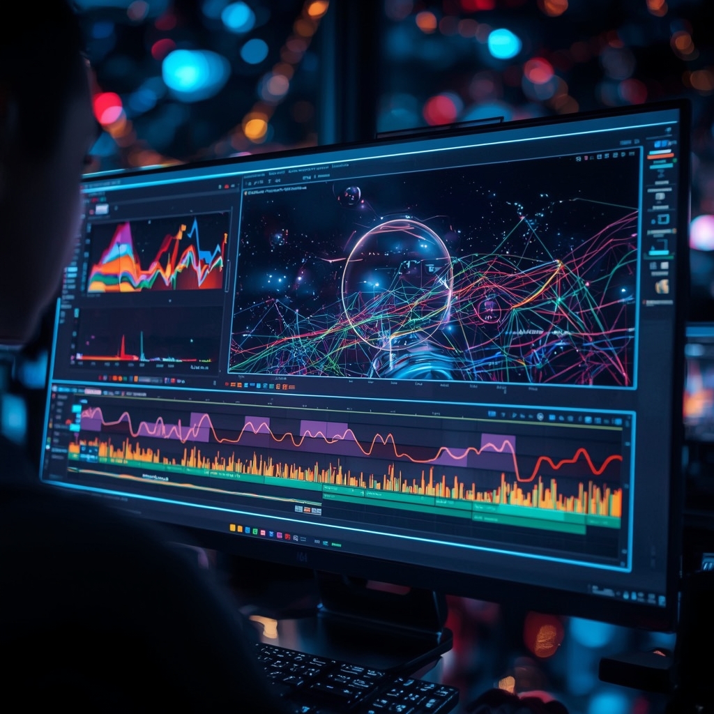 futuristic AI interface showcasing video editing software with dynamic graphs and colorful animations, illustrating the advanced technology used in AI video creation, vibrant and cutting-edge