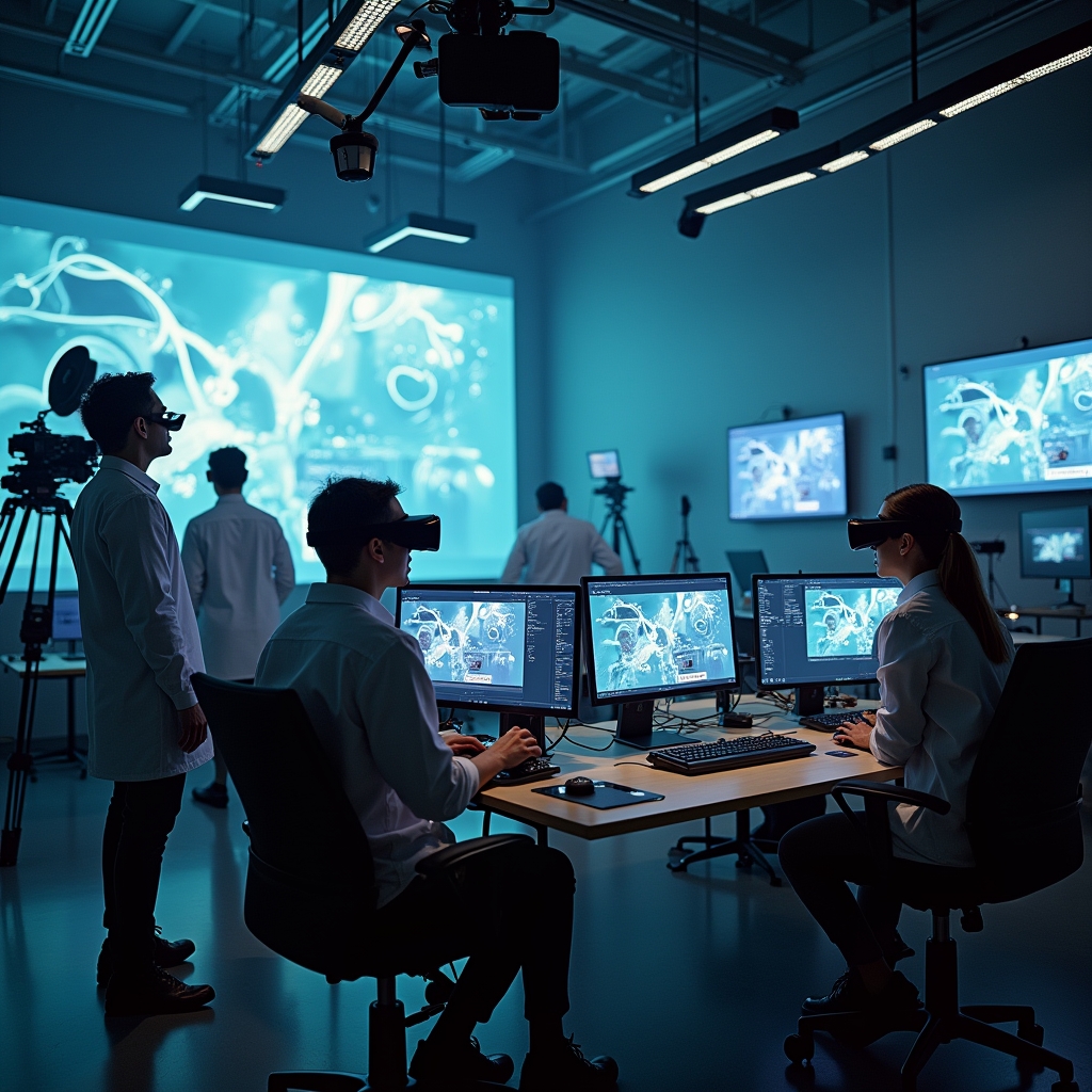 a futuristic film studio showing AI-driven cameras automatically adjusting angles, screens displaying high-tech video editing software, and technicians monitoring progress with virtual reality headsets, emphasizing a blend of creativity and technology
