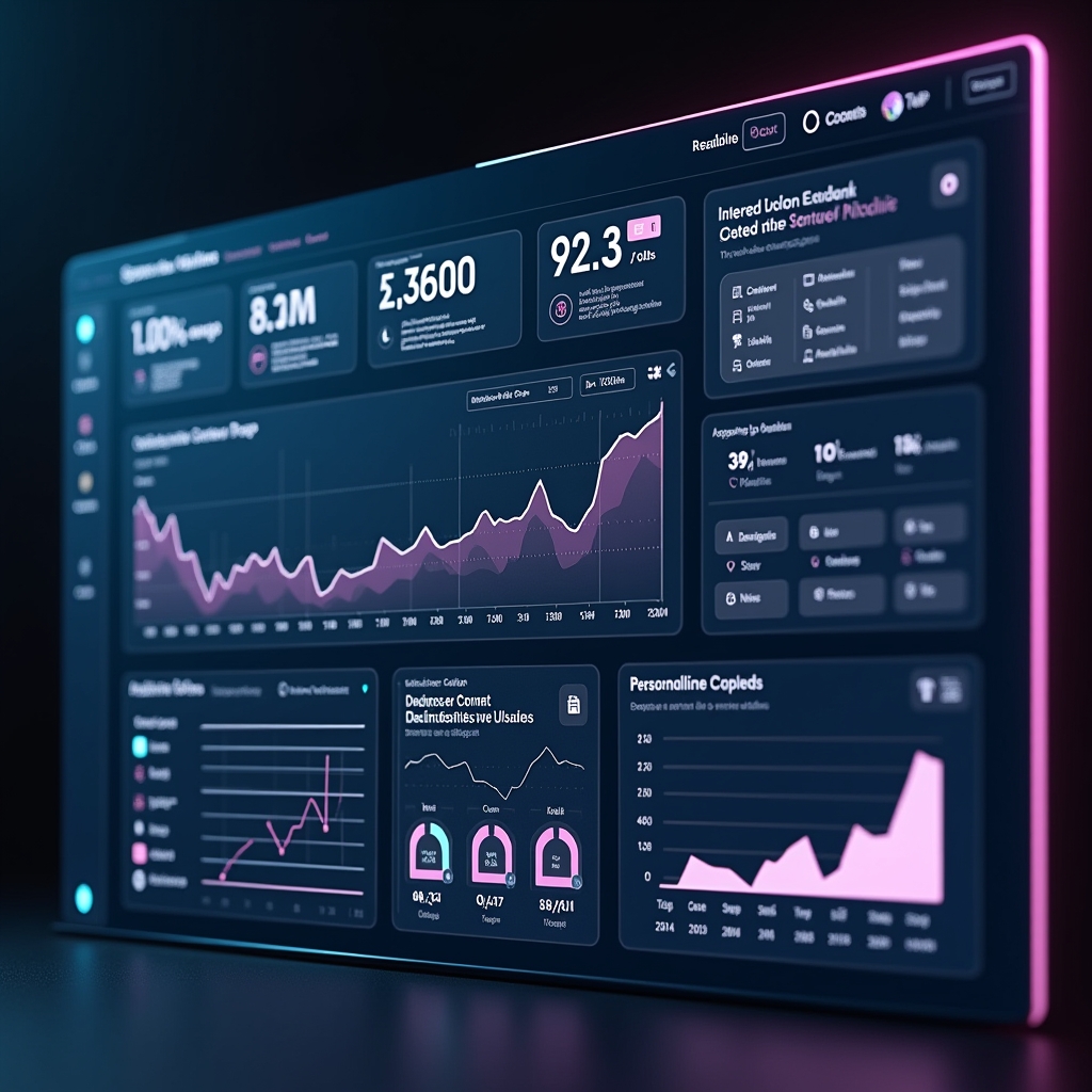 unlock - highly detailed, photorealistic visualization of an AI-powered video editing dashboard, showing real-time analytics,