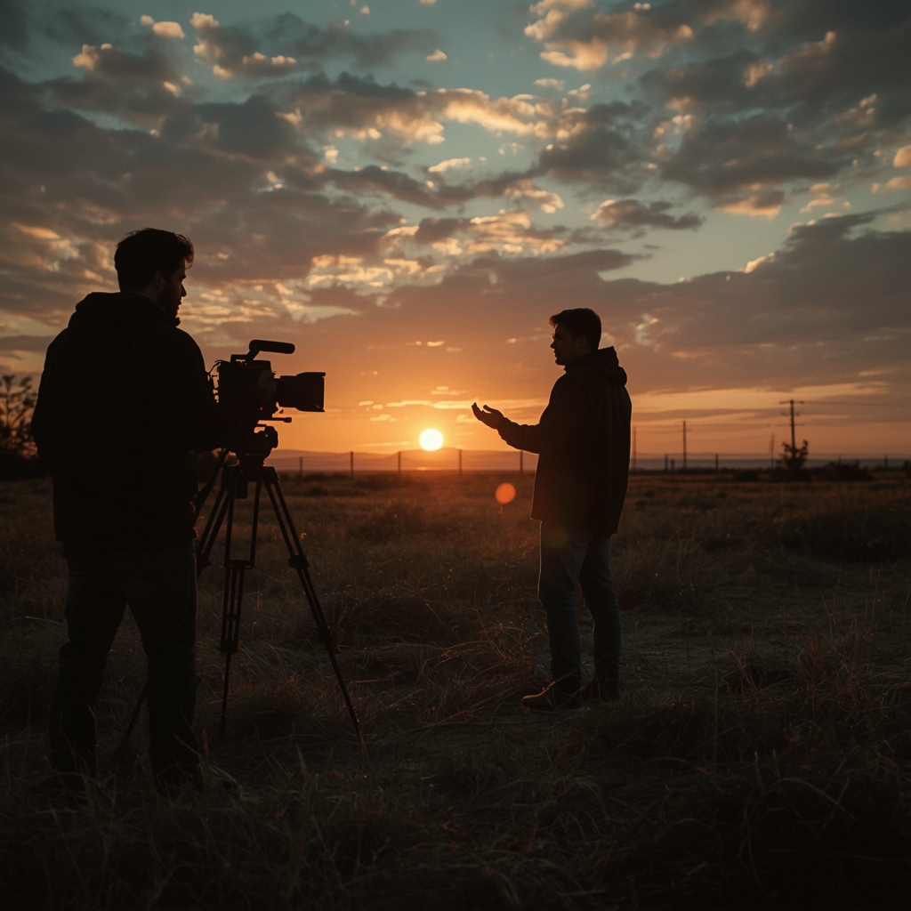 unlock - an imagined scene of an AI-directed film set in 2026, featuring advanced robotic cameras capturing a dramatic sunset