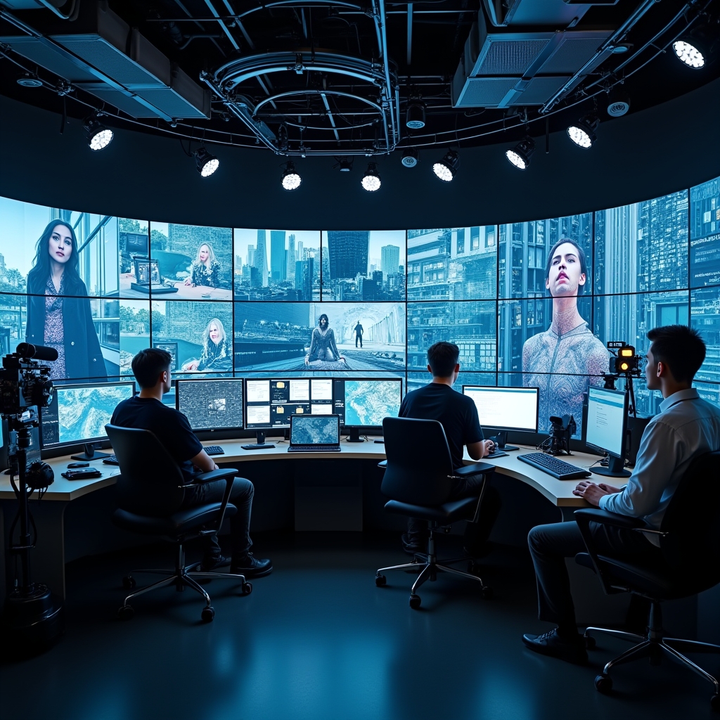 a high-tech video production studio filled with advanced AI technologies, including large screens displaying AI algorithms at work, modern gadgets, and a team of professionals monitoring AI-generated footage, emphasizing a futuristic and innovative atmosphere