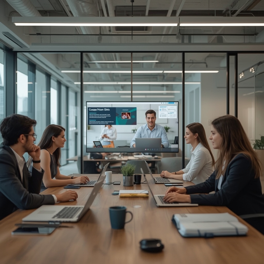 revolutionizing - an engaging corporate video scene generated by AI, featuring a diverse group of professionals collaborating