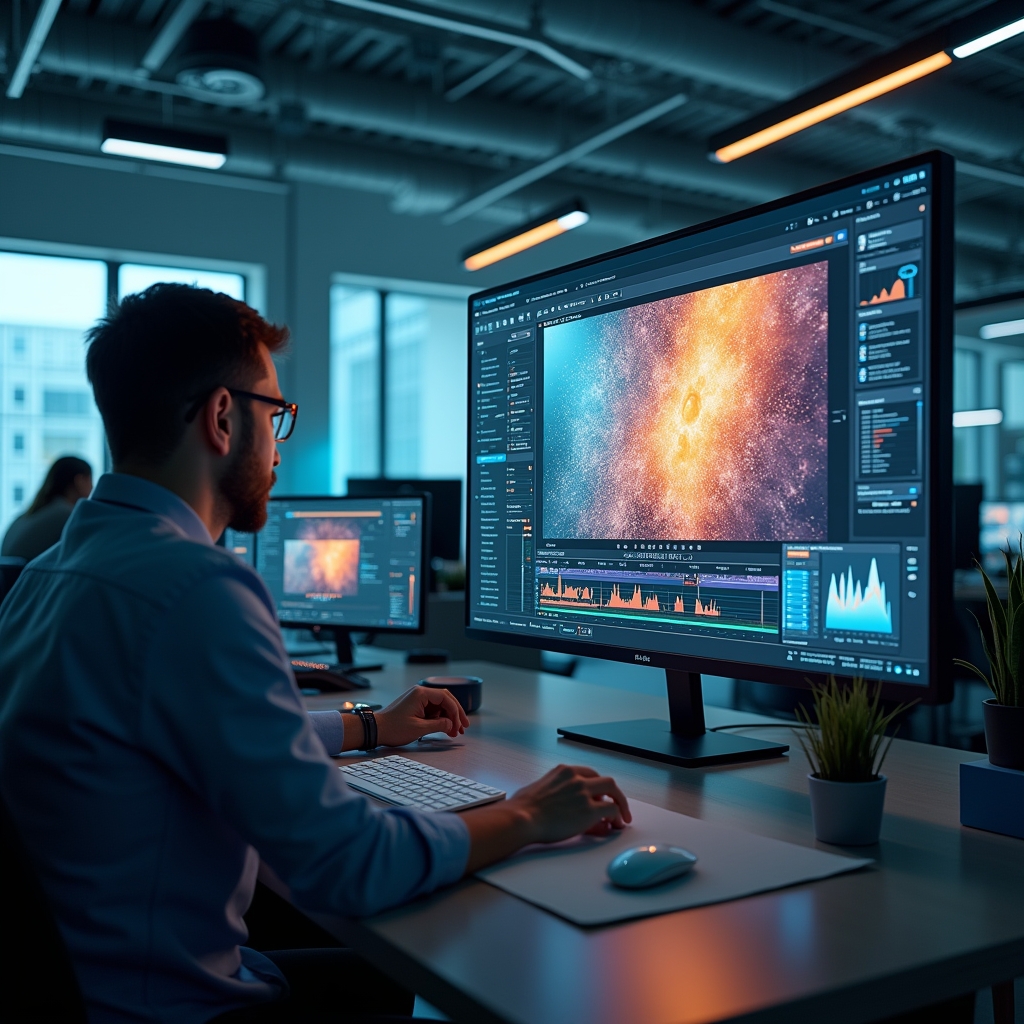 revolutionizing - futuristic AI technology interface showing advanced video editing tools and real-time analytics, with a foc
