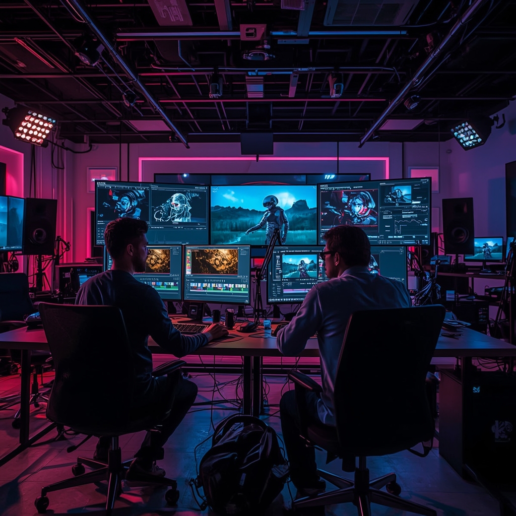 a high-tech film studio showcasing AI-powered video editing software in action, with editors working on futuristic interfaces, displaying complex visual effects, vibrant colors, and a bustling creative atmosphere