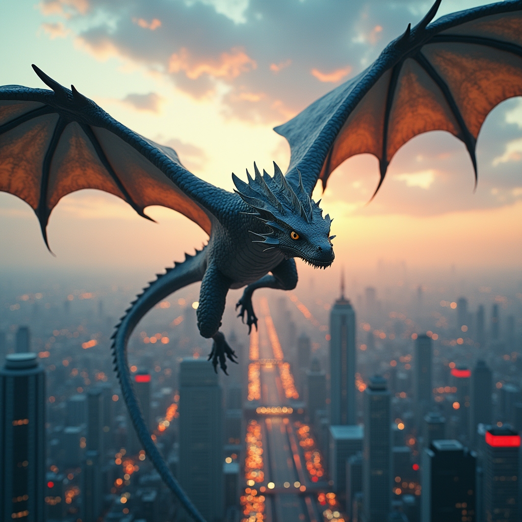 unlocking - an intense movie scene enhanced with AI-generated visual effects showing a hyper-realistic dragon flying over a f