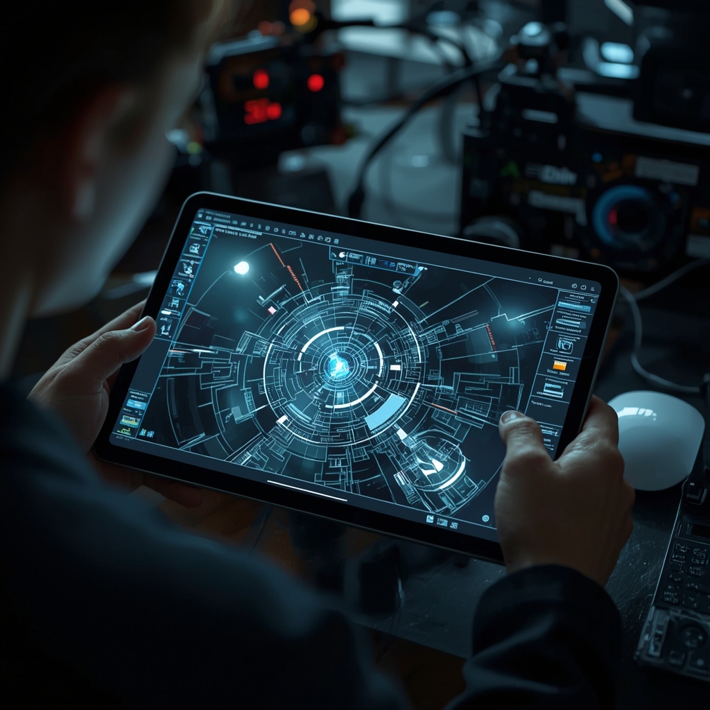 unlocking - future concept of a filmmaker using advanced AI tools on a tablet to manipulate and create a cinematic scene, fea