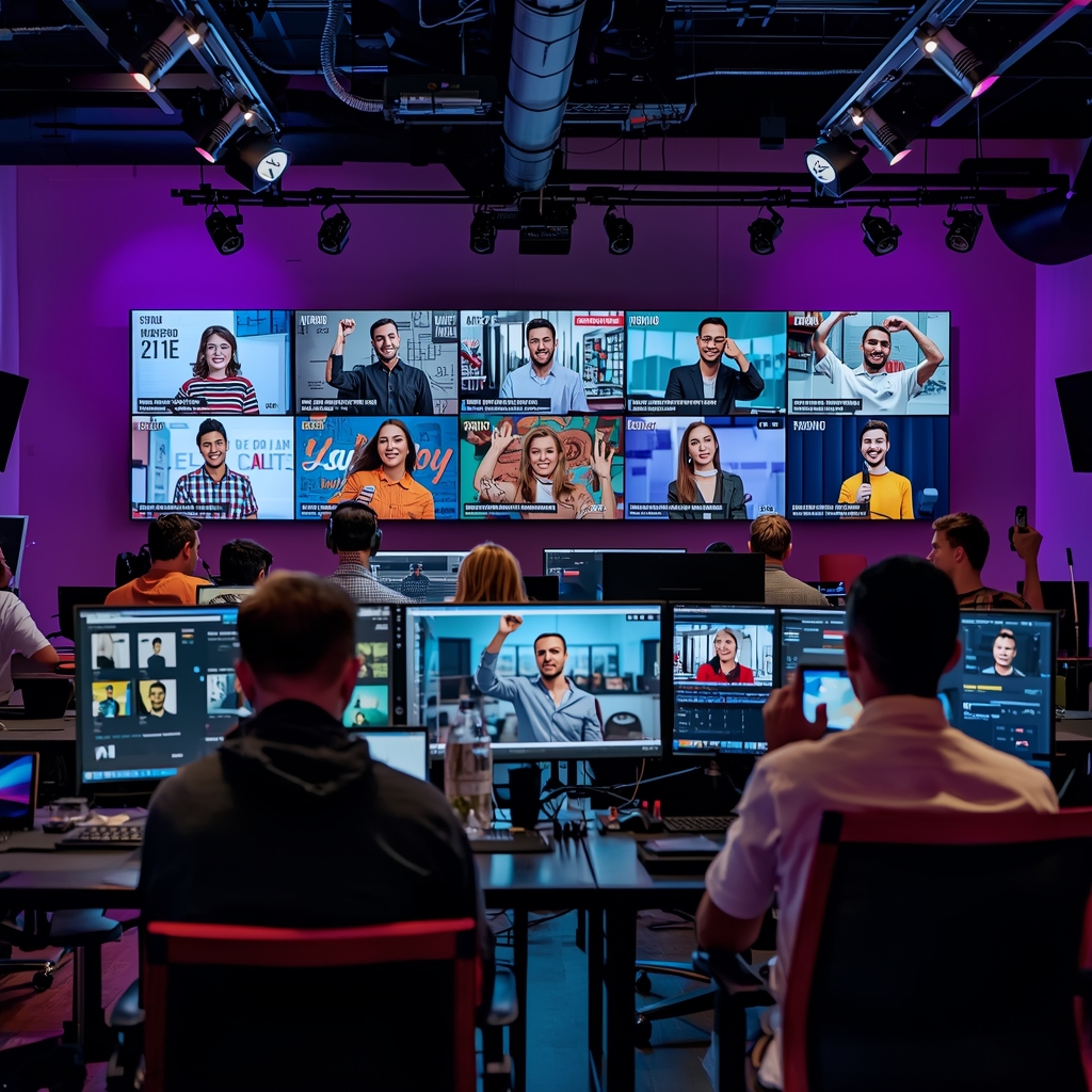 a bustling creative studio with multiple screens displaying AI-generated videos, showing diverse demographics and personalized content, vibrant and technologically advanced environment