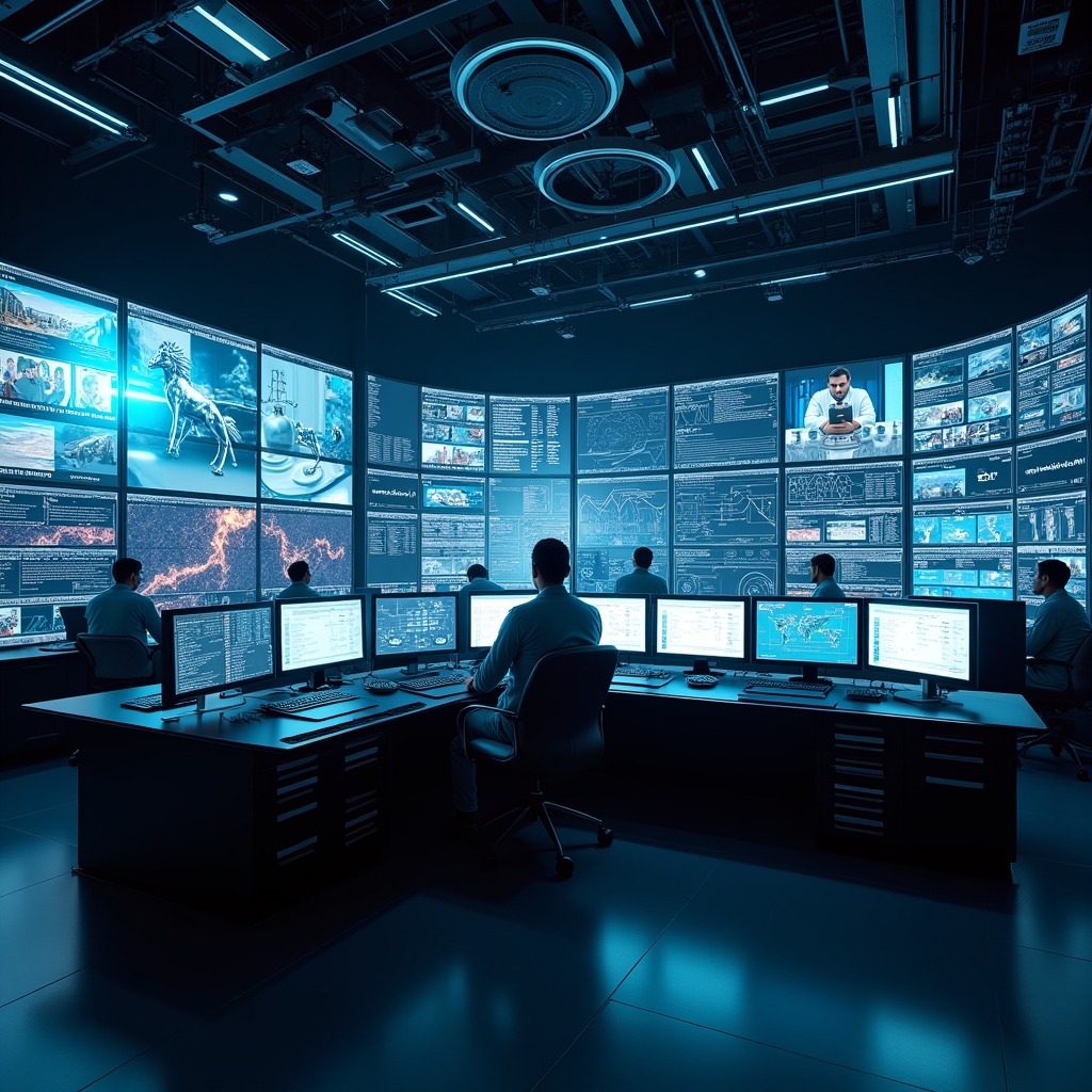 revolutionizing - an AI control room with real-time rendering of video effects, screens showing advanced analytics and conten