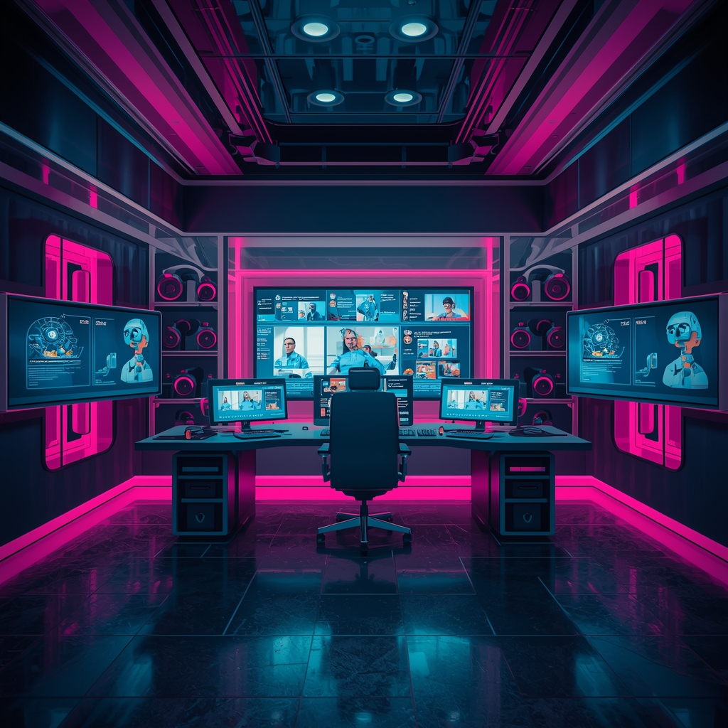 revolutionizing - futuristic video editing suite with holographic displays of interactive video elements, emotion AI analytic