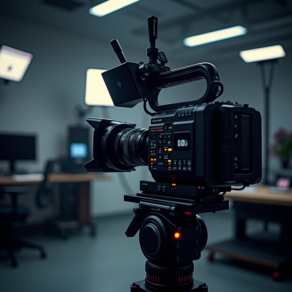 boost - AI-driven cinematography setup showing AI controlling camera movements in a studio, with a detailed view of the equip