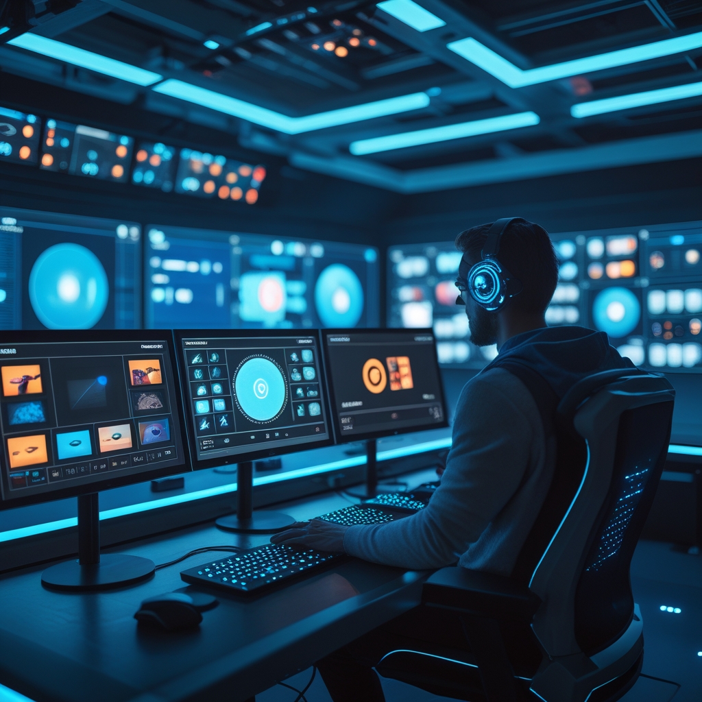 boost - Futuristic AI video production control room, monitors displaying interactive AI video options, high-tech environment