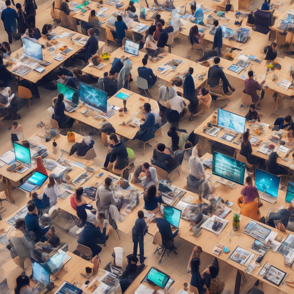 A bustling digital marketing agency, screens displaying vibrant, AI-generated videos, a diverse group of creatives brainstorming, modern technology and dynamic visuals, bright and inspiring atmosphere