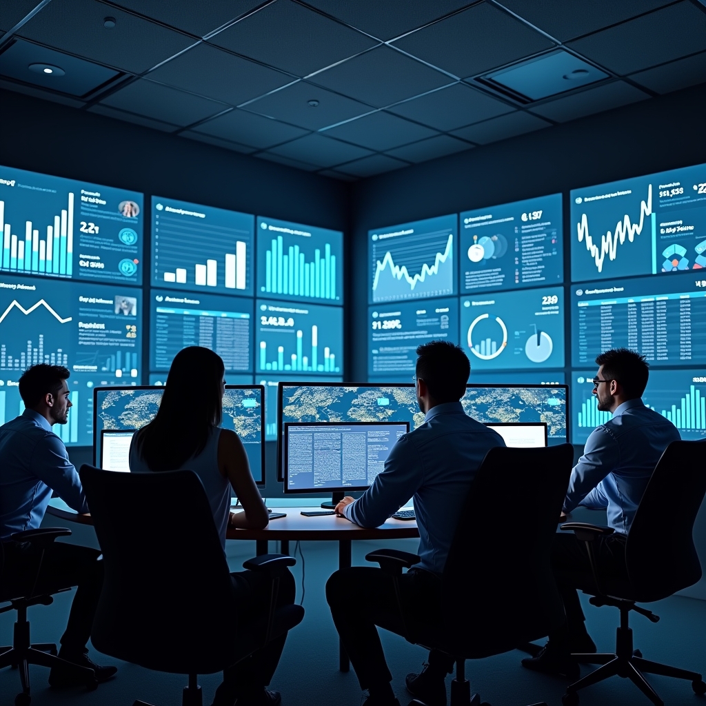unlock - A high-tech control room monitoring real-time engagement data, digital screens showing rising analytics graphs, a te