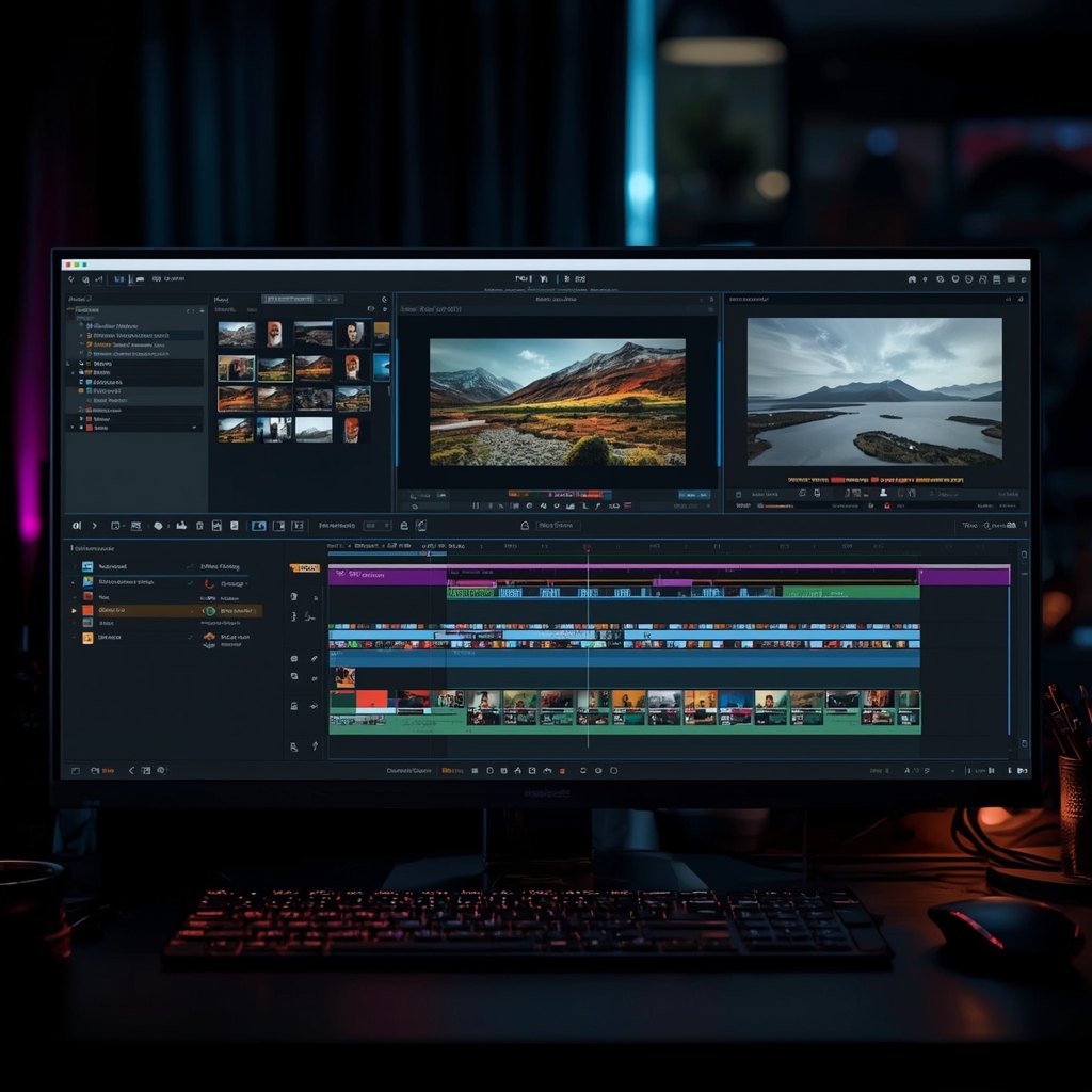 AI video production software interface showing automated editing tools, vibrant color grading panels, and real-time rendering previews, set in a sleek, modern digital workspace environment with dark mode enabled, highlighting the futuristic and efficient nature of AI technologies