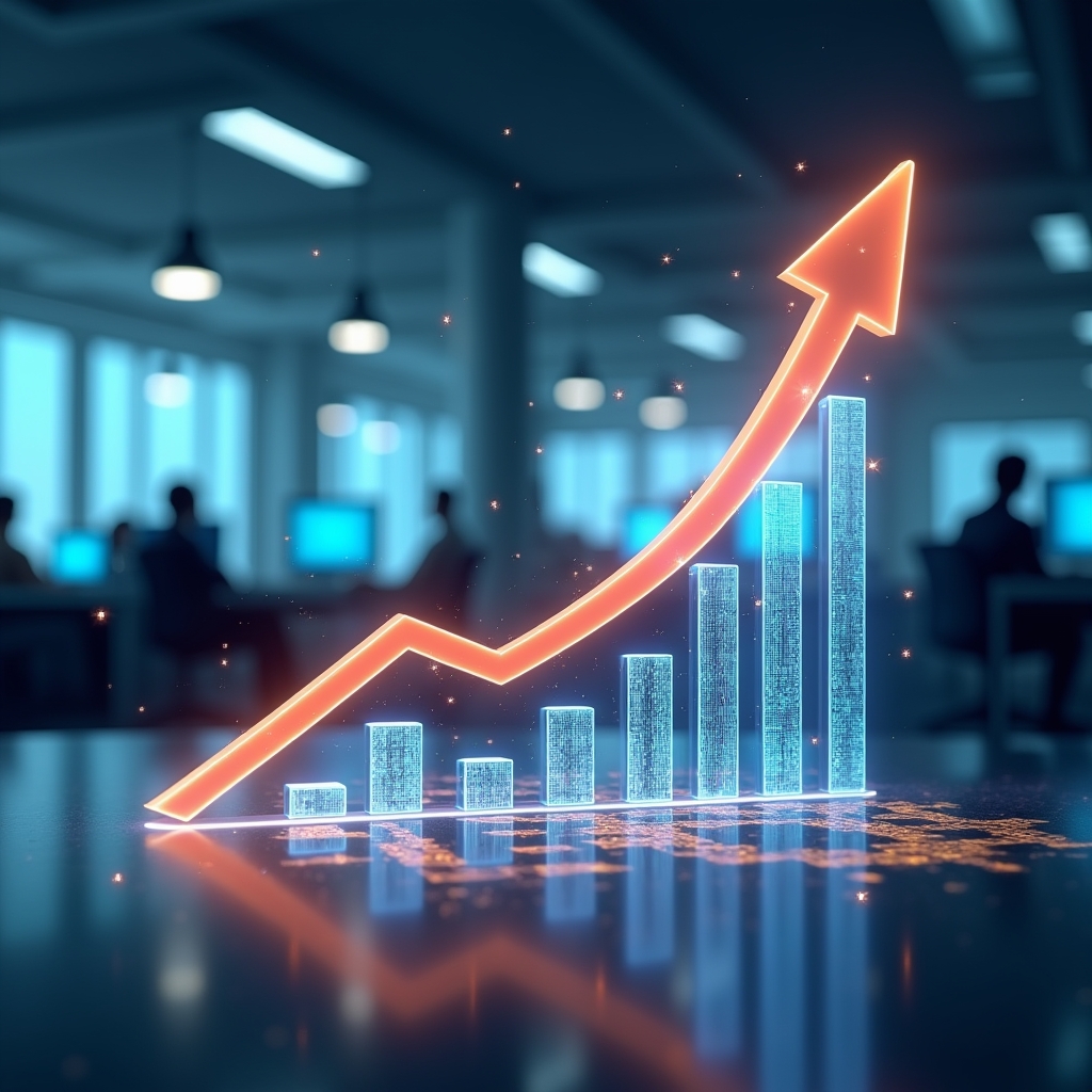 unlock - dynamic corporate video scene showing a 3D animated graph rising, annotated with interactive data points, set agains
