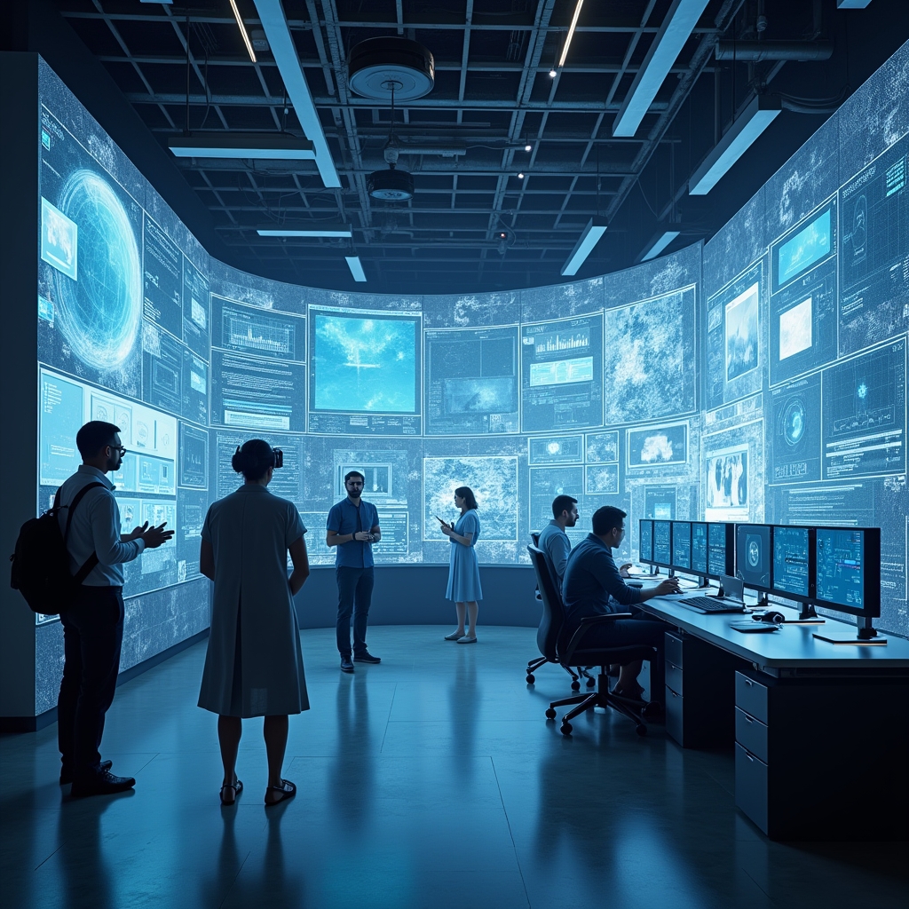 unlock - futuristic portrayal of a video production studio in 2026, featuring holographic displays and virtual reality editin