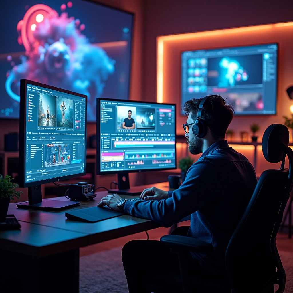 A high-tech film studio showing creators using AI tools on computers for video editing, vibrant screens display advanced VFX software, atmosphere of innovation and creativity, highly detailed, cinematic quality