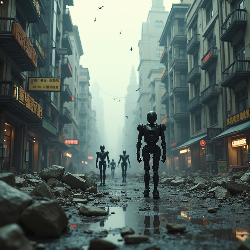unlock - Detailed scene of a post-apocalyptic city with robots, created entirely by AI VFX tools, showcasing complex textures