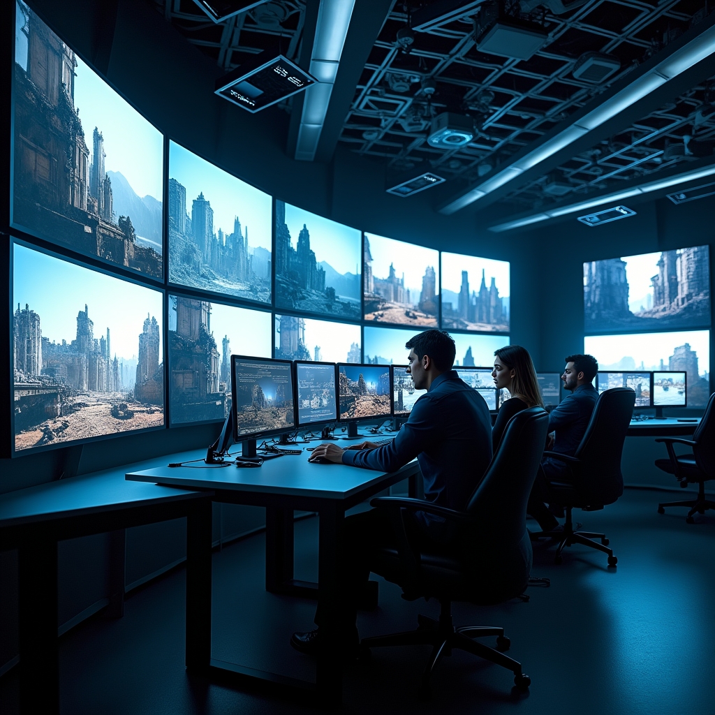 unlock - Futuristic movie editing suite with multiple screens displaying AI-generated film scenes, editors using advanced AI