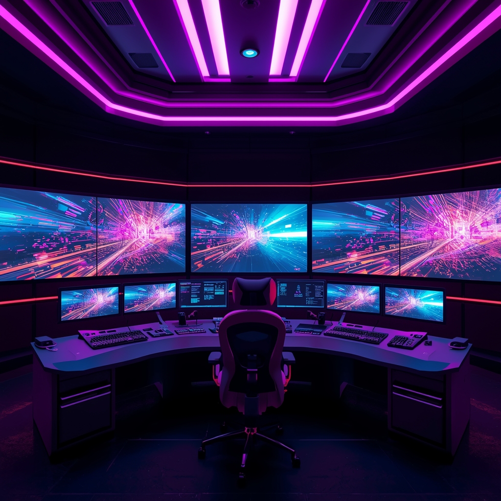 Futuristic control room with multiple screens displaying AI video generation software, vibrant colors, and dynamic motion graphics, showcasing a blend of technology and creativity