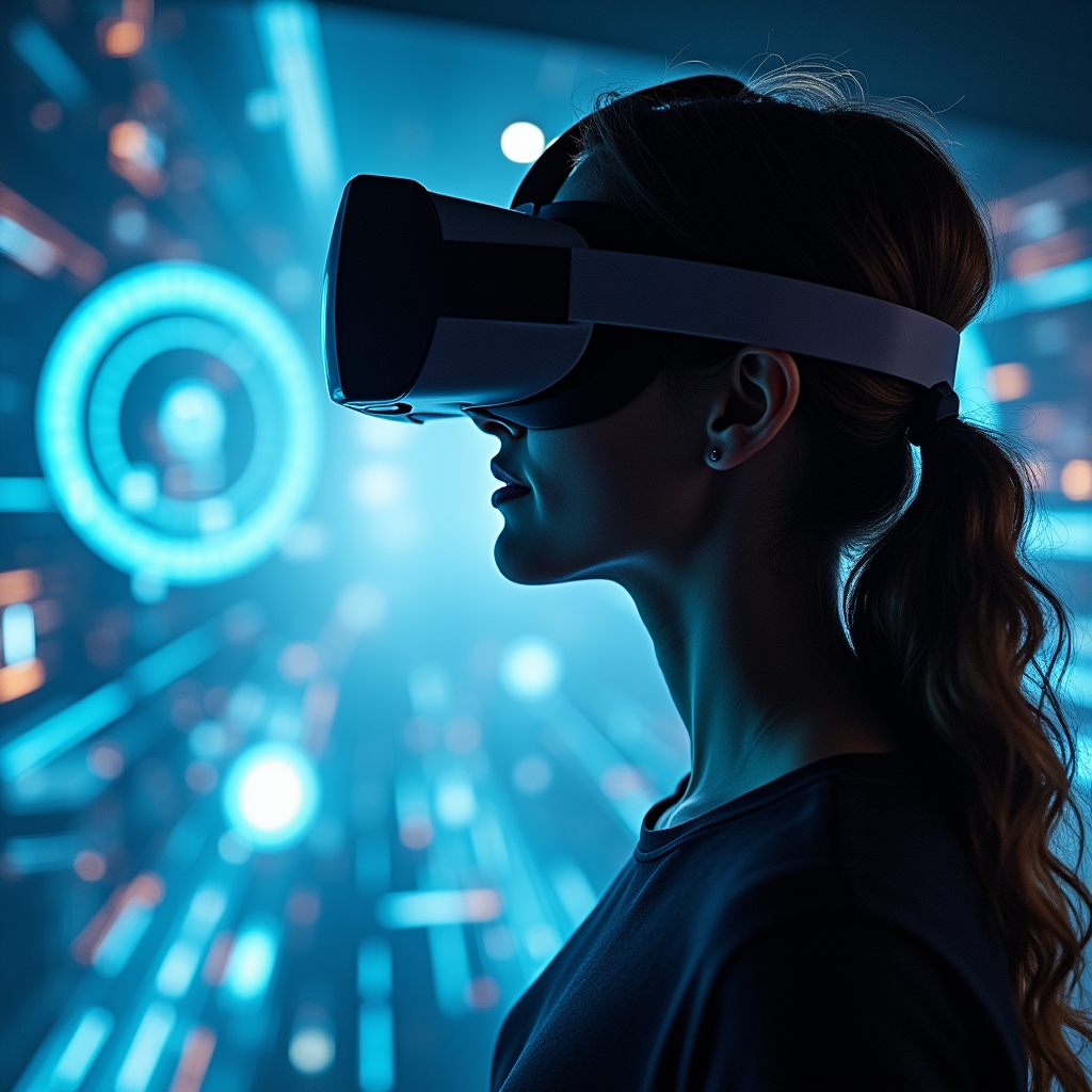 revolutionizing - Virtual reality video production showing a person wearing a VR headset in a highly detailed, immersive digi
