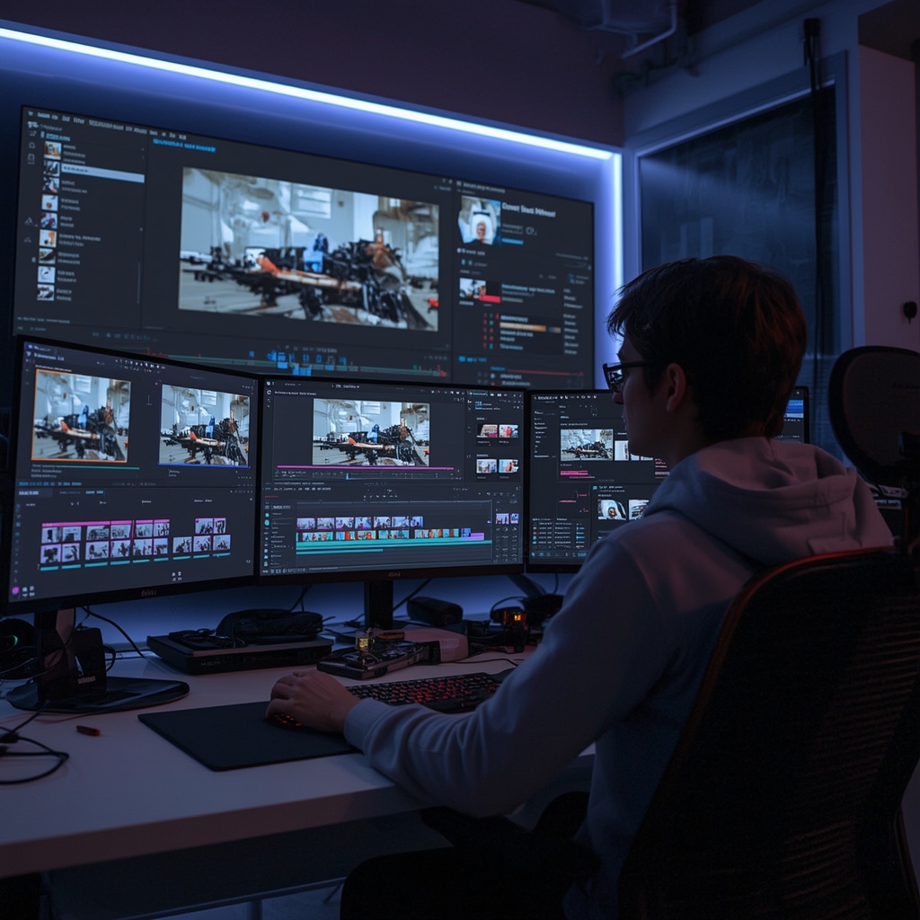 revolutionizing - Dynamic video editing suite showcasing AI tools in action, screens displaying automated editing software, p