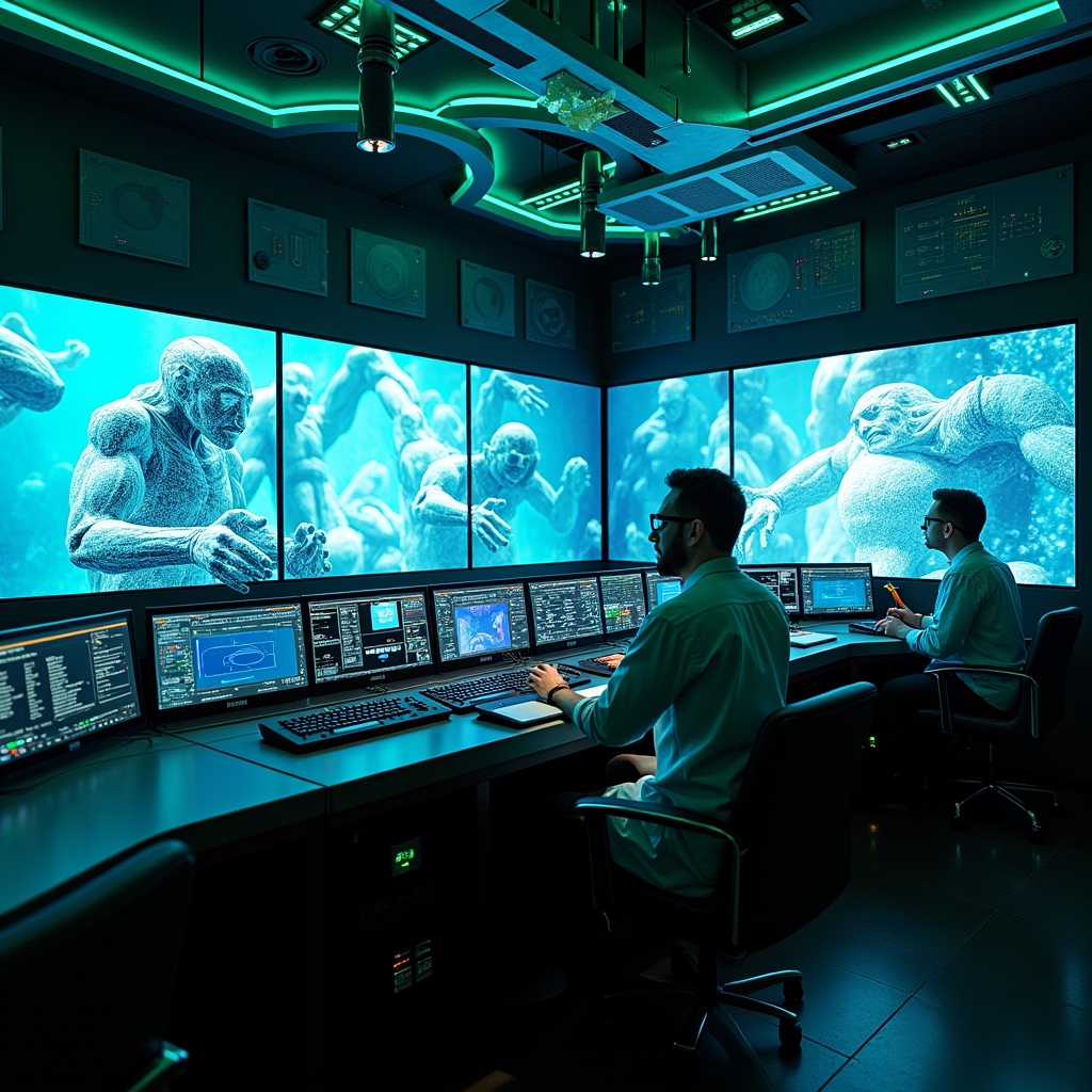 A futuristic control room with large screens displaying AI-generated videos, technicians using advanced interfaces to tweak settings, a vibrant and dynamic atmosphere, showcasing a blend of blue and green neon lights, ultra-realistic, high-definition.