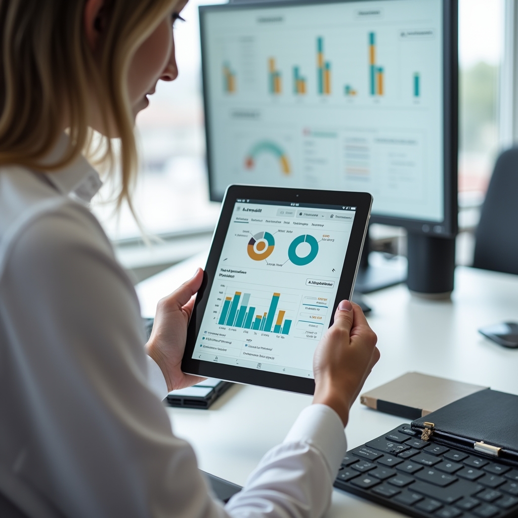 unlocking - A marketer reviewing analytics on a tablet, displaying various demographic data and preferences, with a backgroun