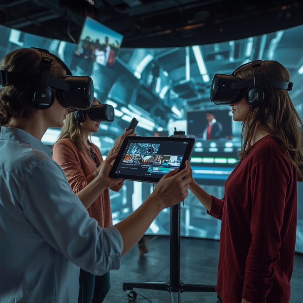 unlocking - A creative team using VR headsets to interact with a virtual video editing interface, showing a 3D timeline and v
