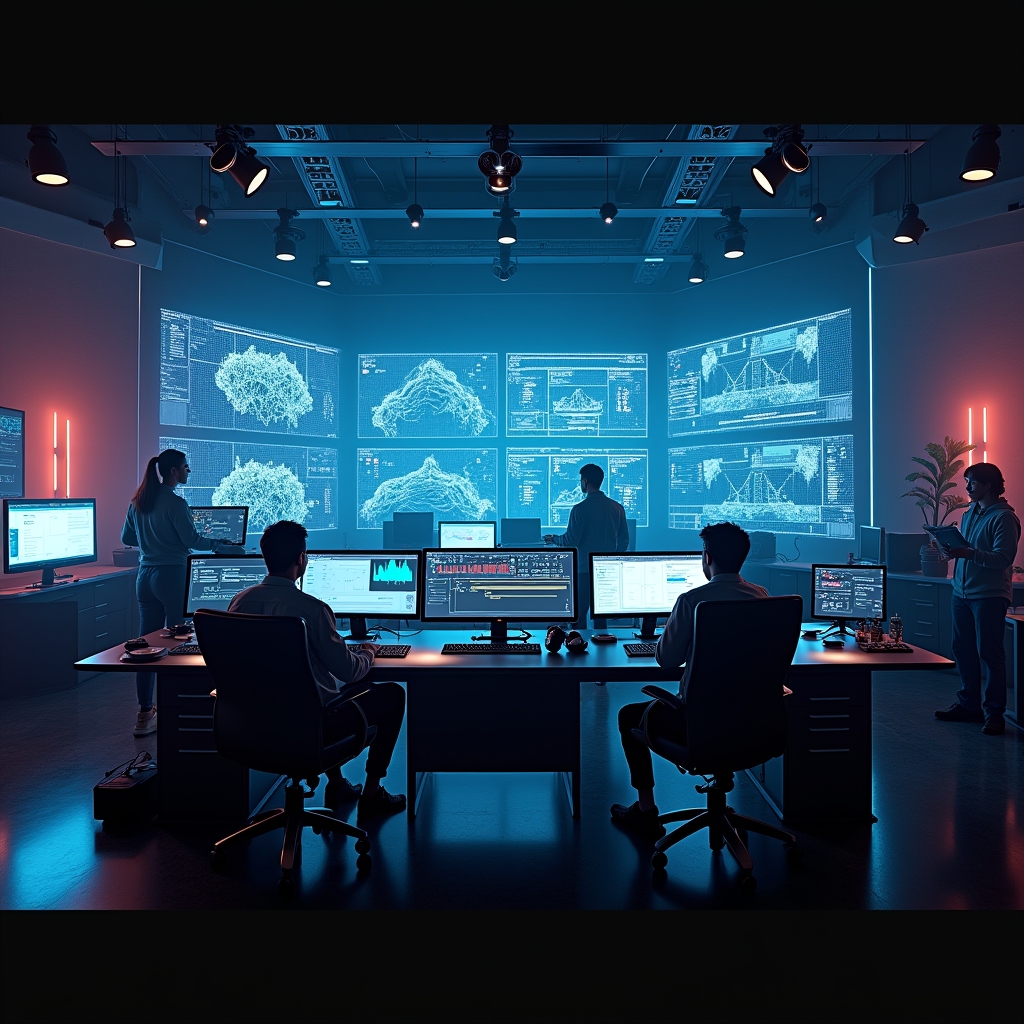 A high-tech video production studio filled with advanced AI-driven equipment, glowing screens displaying AI algorithms, and creative professionals engaged in film editing and visual effects creation, ambient lighting accentuating a futuristic feel, highly detailed, 8k quality